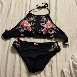 Black floral halter top bikini set